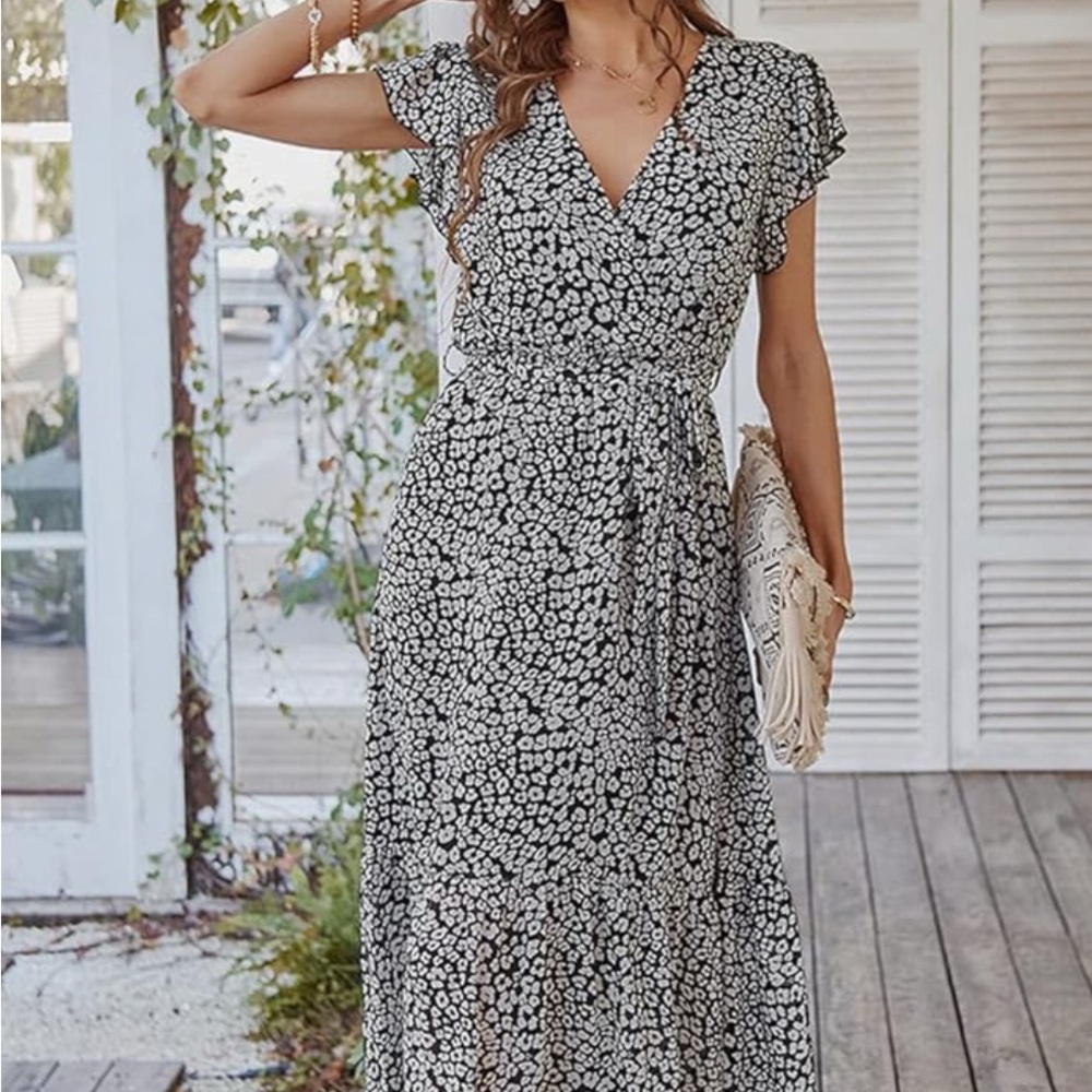 Floral Black and White Midi Dress